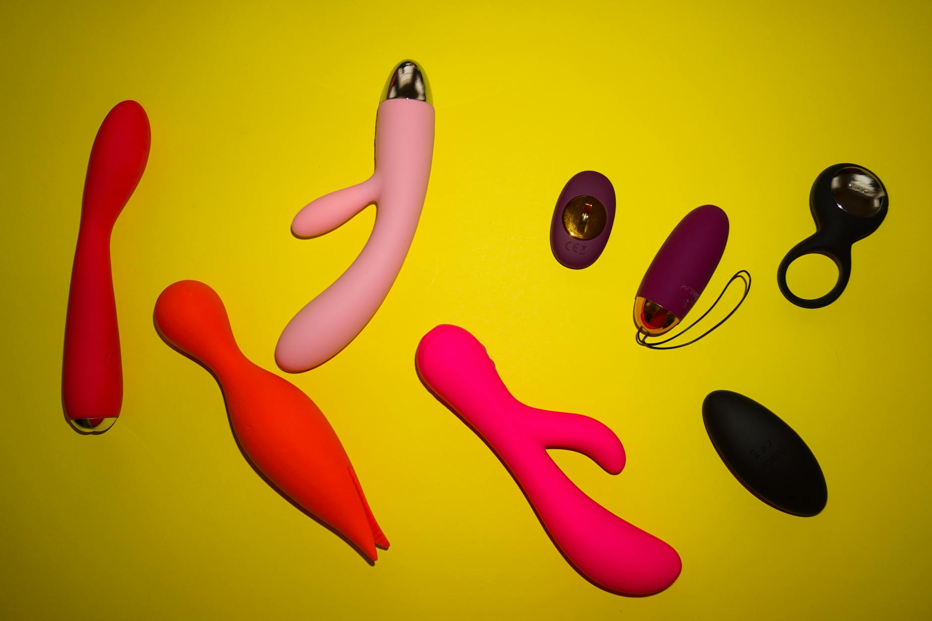 Close-up of vibrant adult toys displayed together